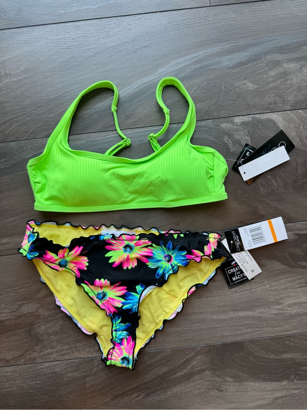 Juniors - Neon Lime Bikini Top with Floral Black & Yellow Bikini Bottom - Small